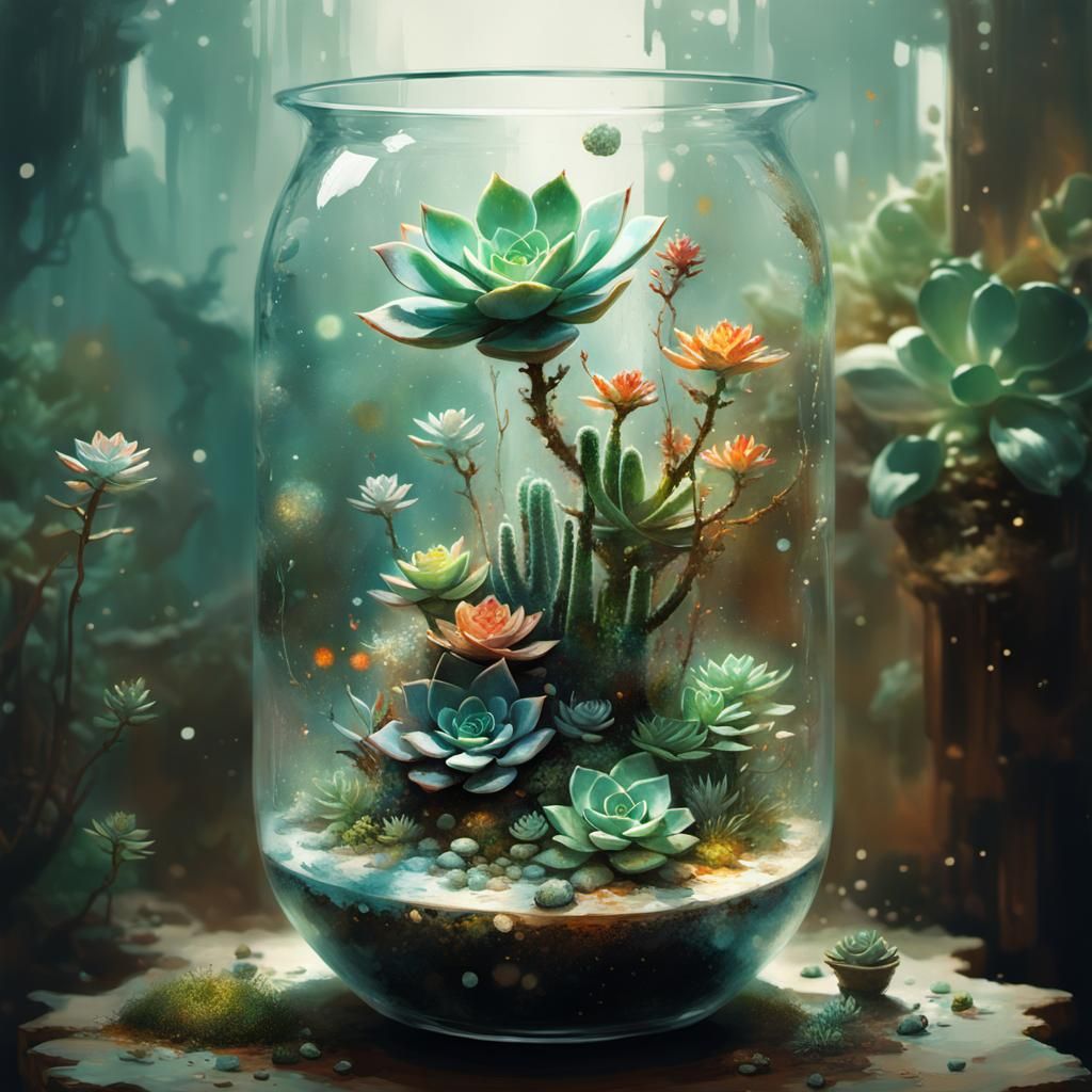 Succulent Terrarium in Digital Pointillism Style