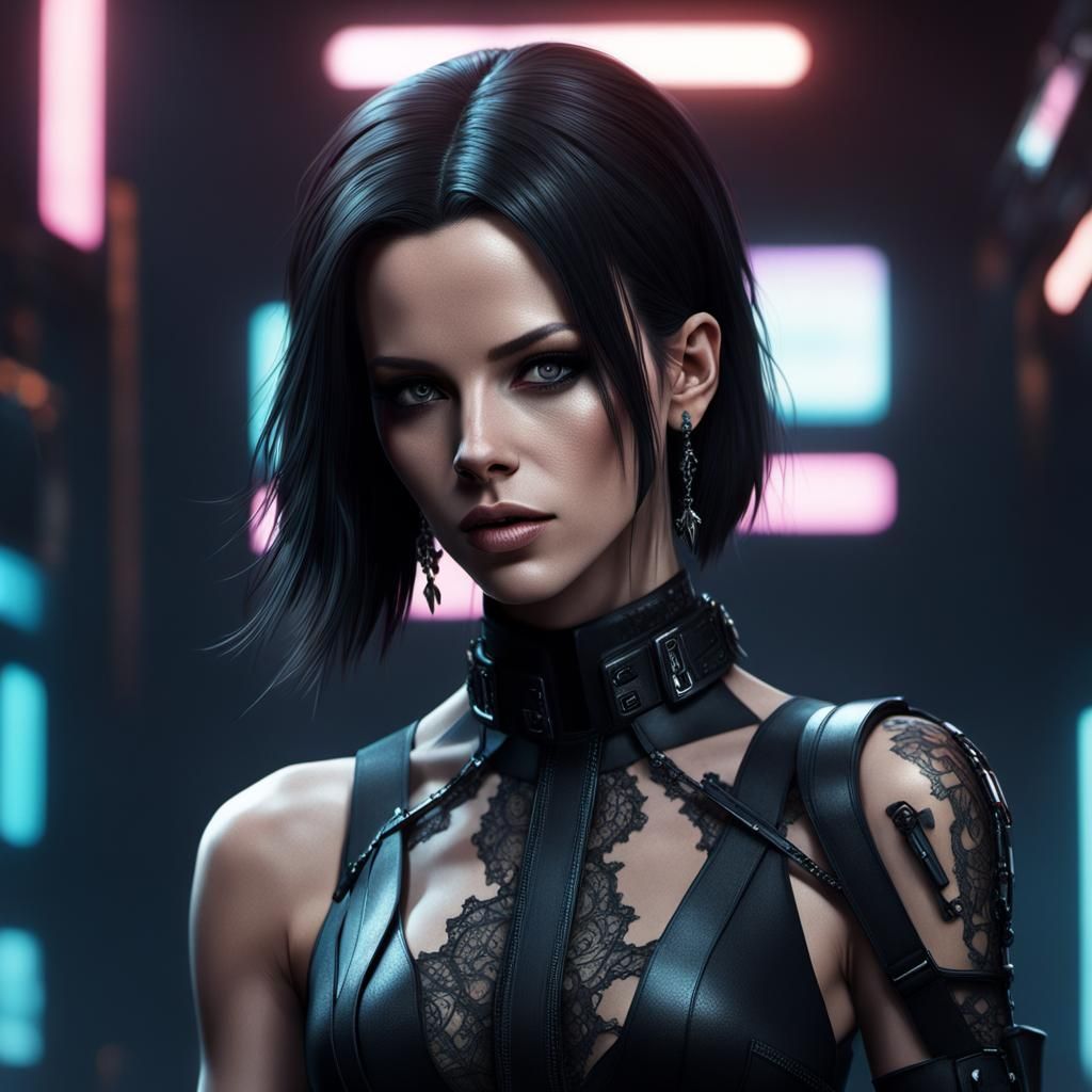 Cyberpunk Girl with Black Hair and Lace Dress