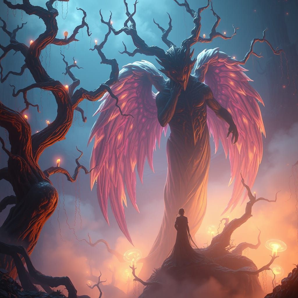 Sorrowful Ethereal Being Surrounded by Haunting Landscape