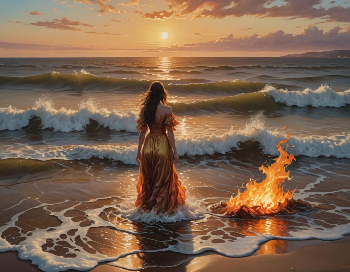 Water Woman Ablaze: Romantic Landscape Oil Painting