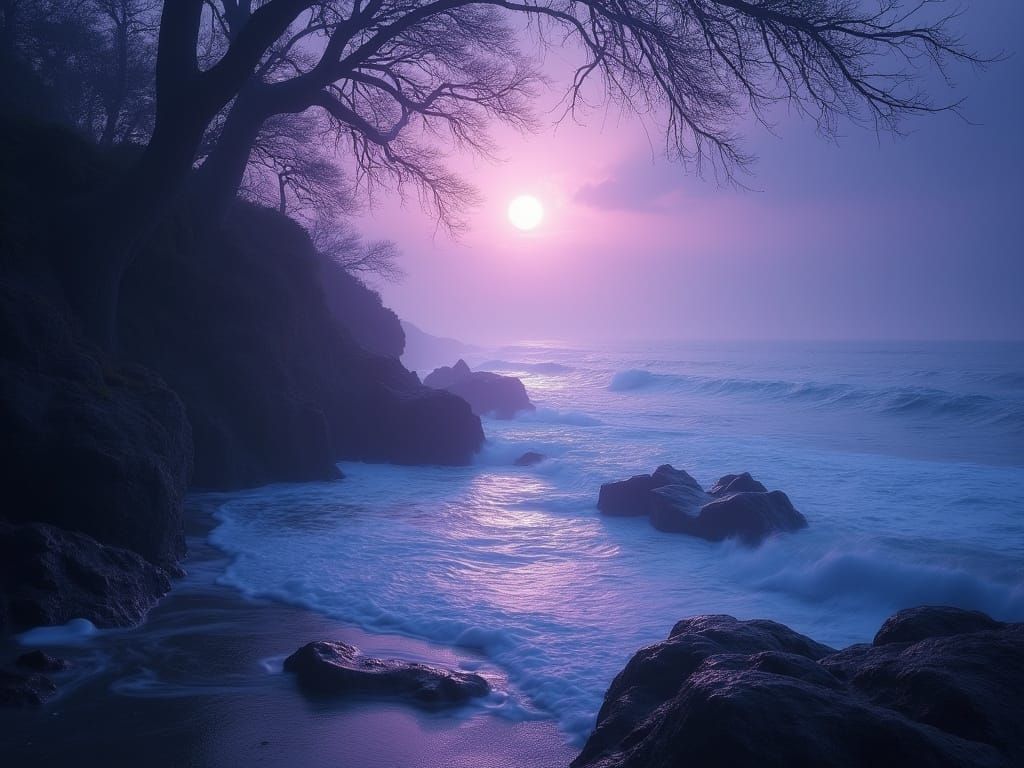 Mystical Moonlight Landscape with Double Exposure