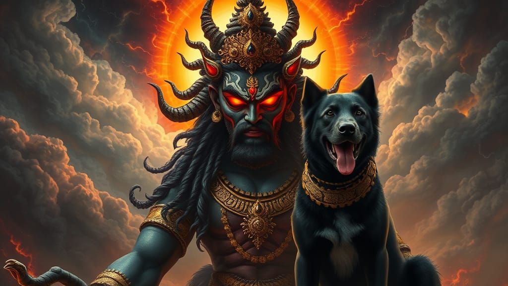 Divine Guardian Deity in Dark Fantasy Indian Miniature Style