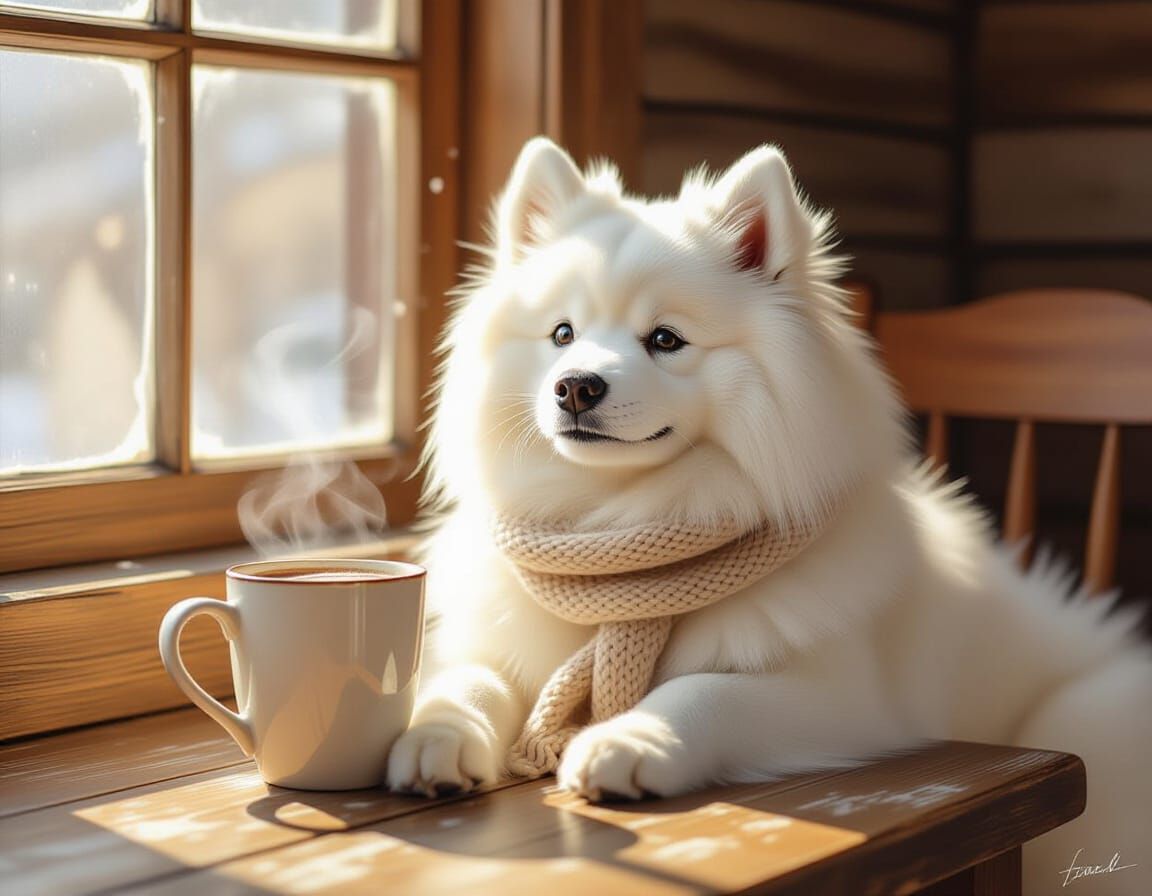 Cozy Samoyed Dog with Hot Chocolate, Painterly Style