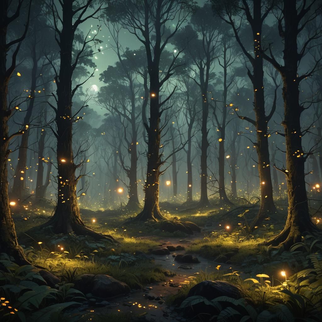 Enchanted Forest: Fireflies at Night, Detailed Matte Paintin...