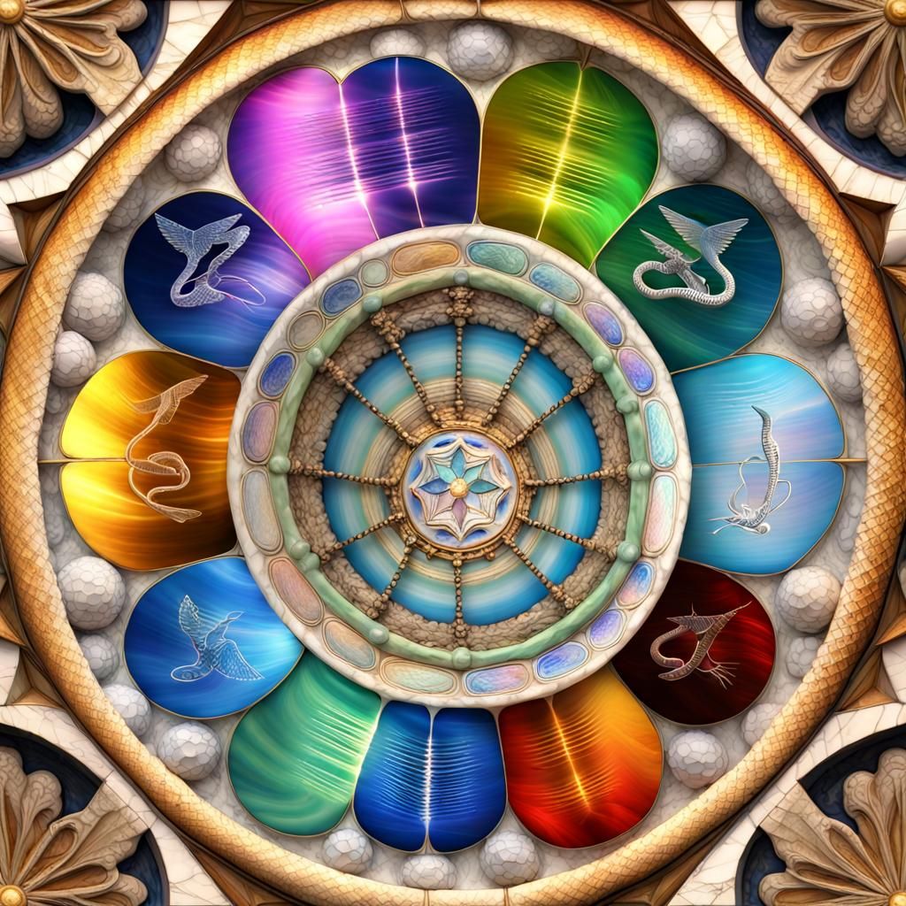 Mont Saint Michel, Archangel Gabriel, snake kundalini colored chakras lighing them entwine, 3D, porcelain texture, marbl...