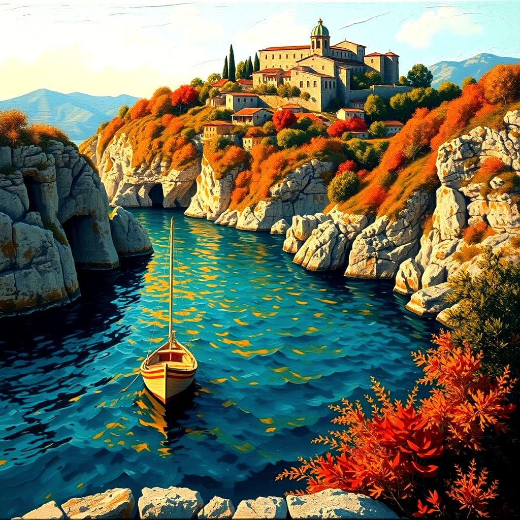 Impasto Oil Painting of Secluded Mediterranean Bay with Medi...