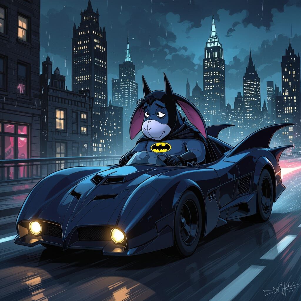 Eeyore as Batman Driving Batmobile in Gotham