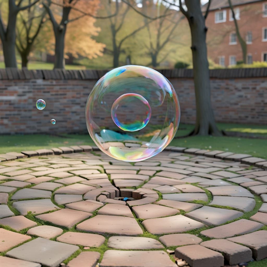 Iridescent Soap Bubble Floats Above Concentric Brick Patio