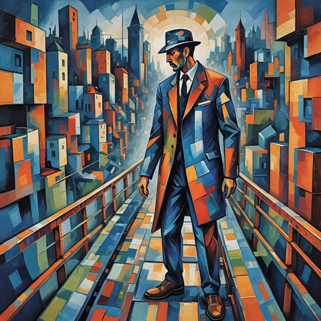 Geometric Fauvism: Man on Bridge in Cubist Style