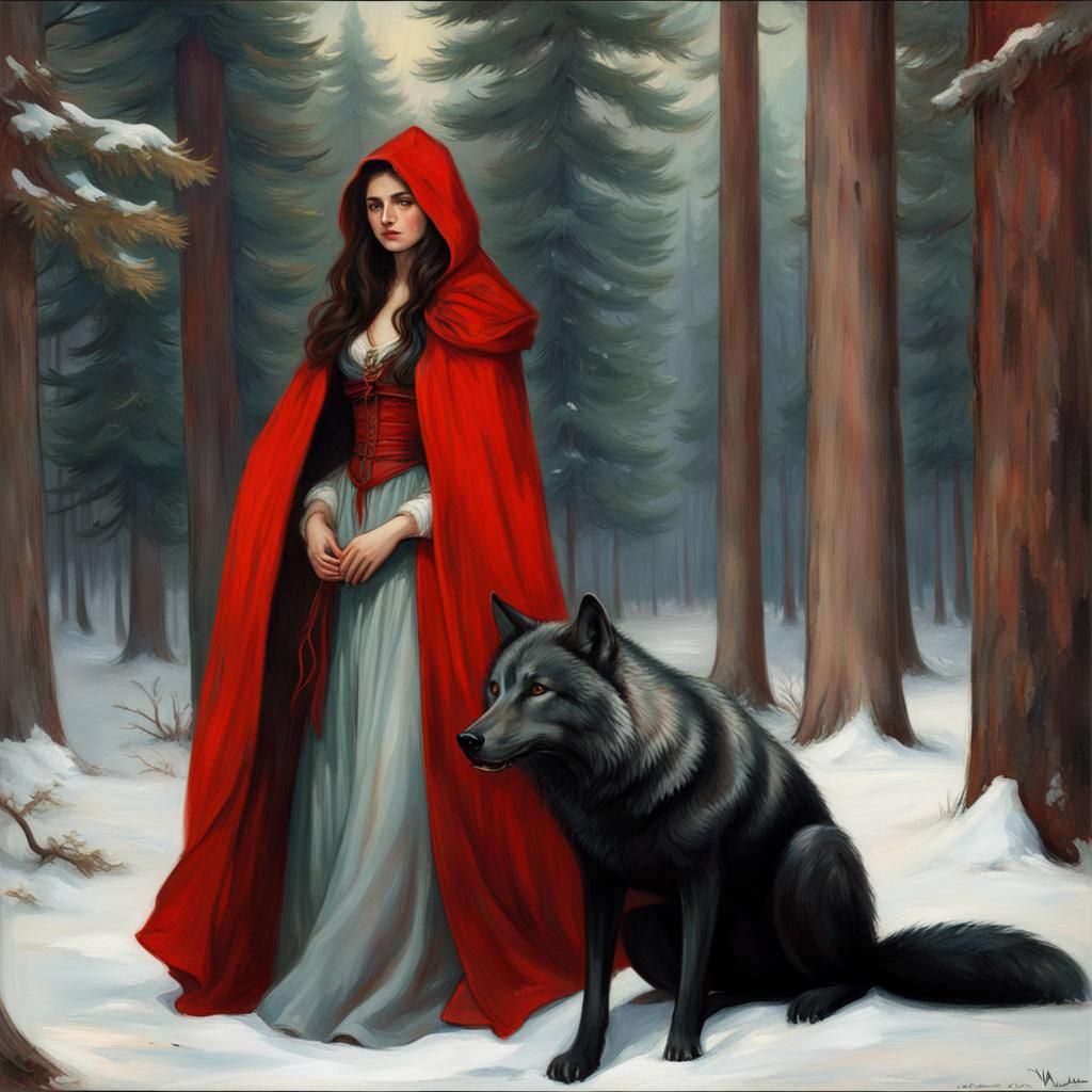Woman in Red Cloak with Wolf, Pre-Raphaelite Painting