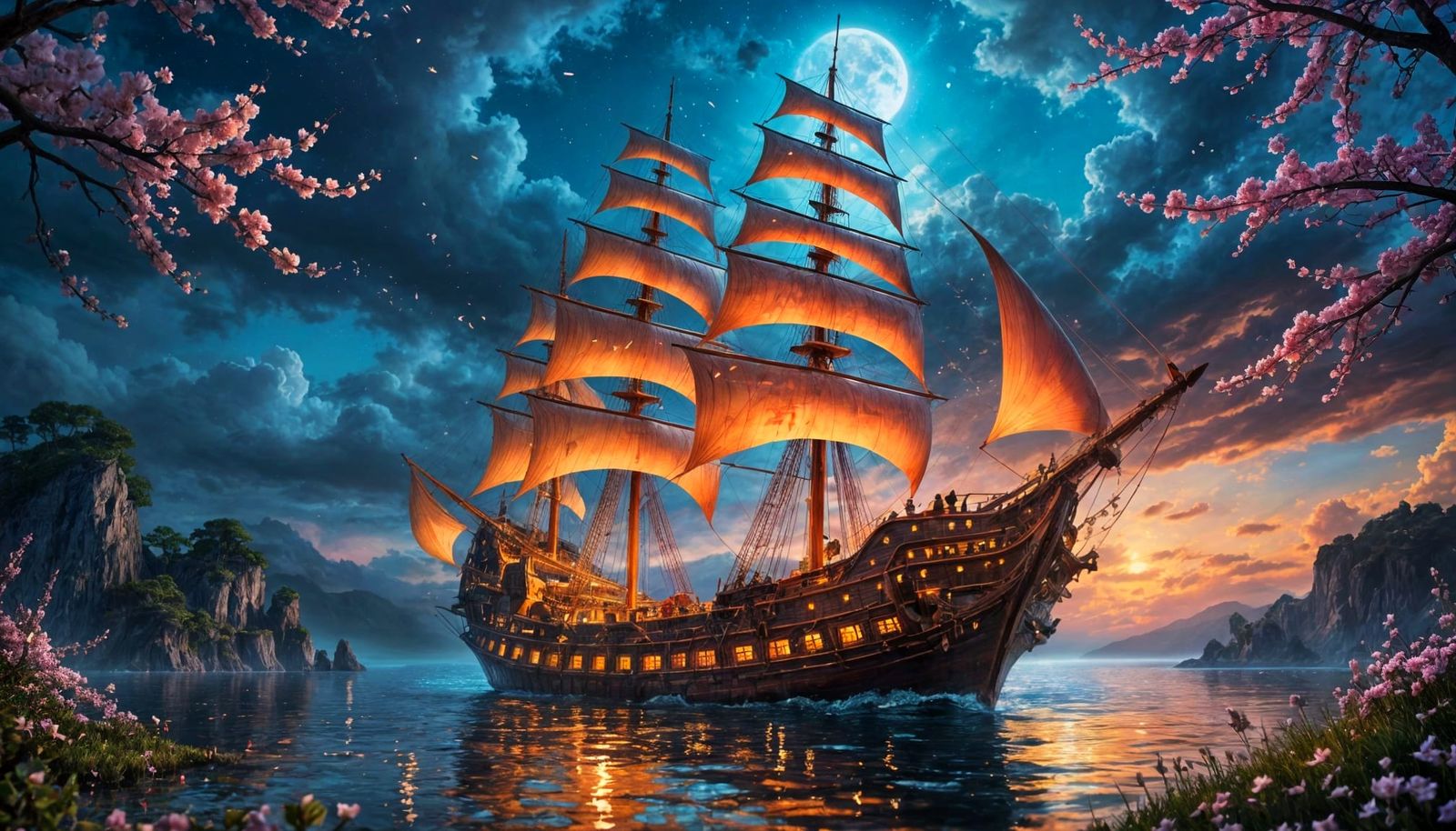 Sailing Vessel in Celestial Blooms