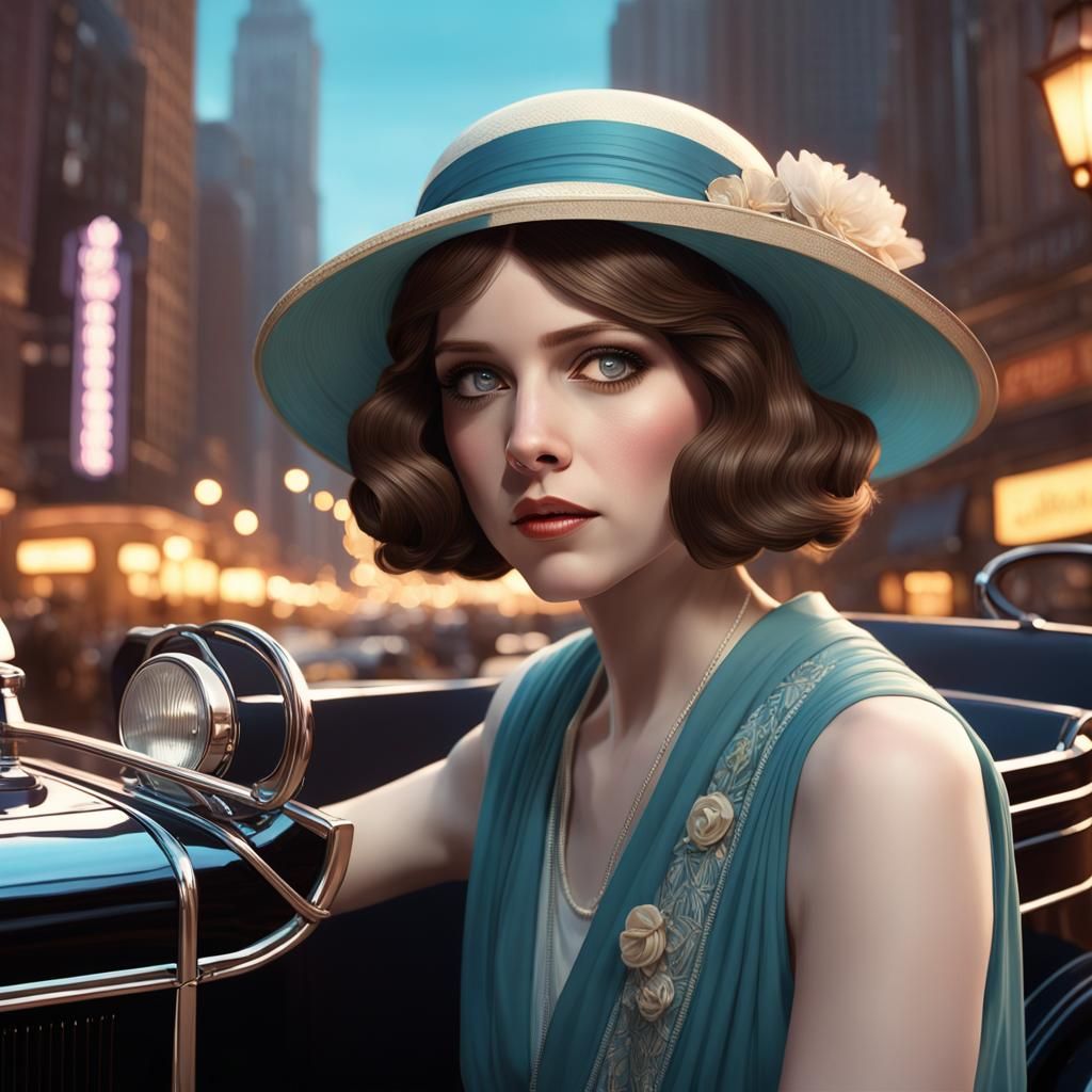 Anna Kendrick with 1920s Ford in Art Deco Style