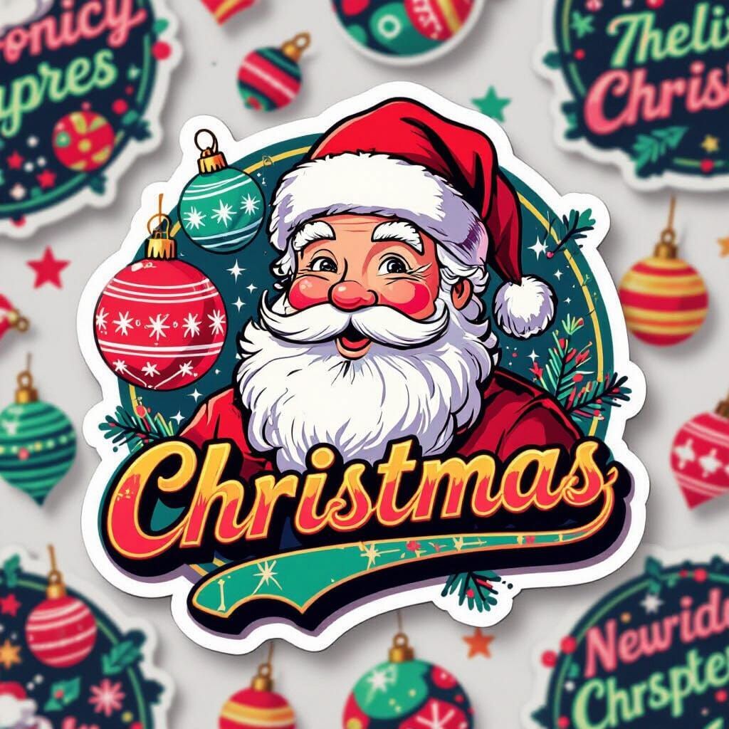 Retro 80s Christmas Stickers with Neon Ornaments and Santa