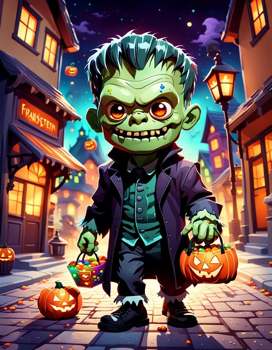 Adorable Chibi Frankenstein on Halloween Night
