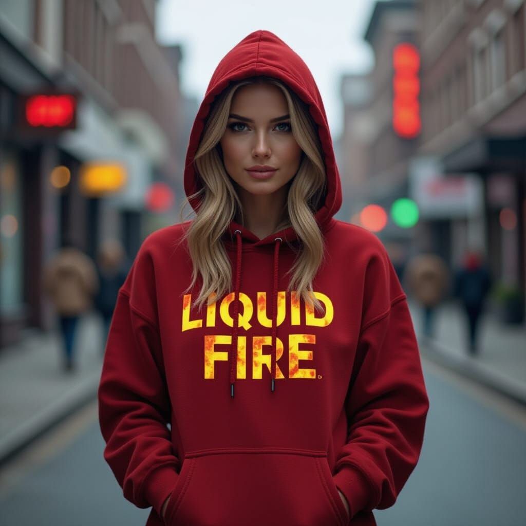 Woman in Liquid Fire Hoodie, Cinematic Oil Painting