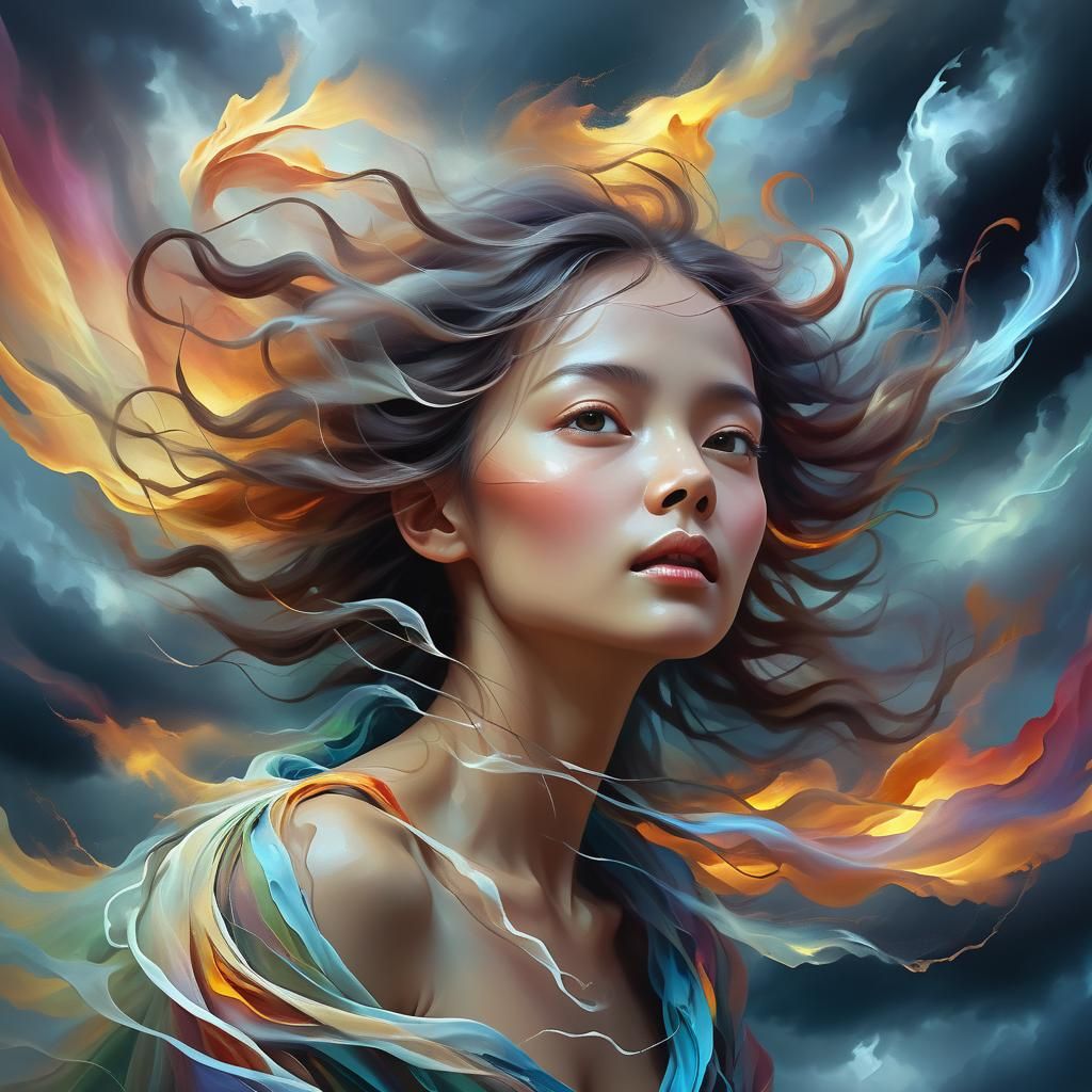 Ethereal Woman Made of Air in Stormy Sky