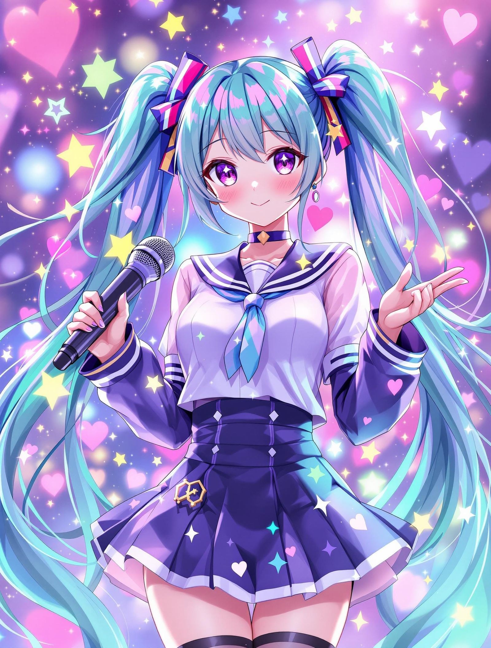 Vibrant Anime Idol Shines Bright with Retro Microphone