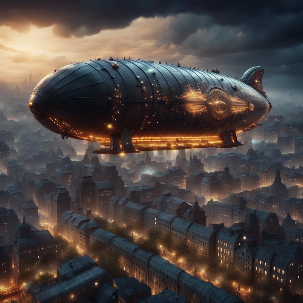 Zeppelin with LED Lights Over City at Night