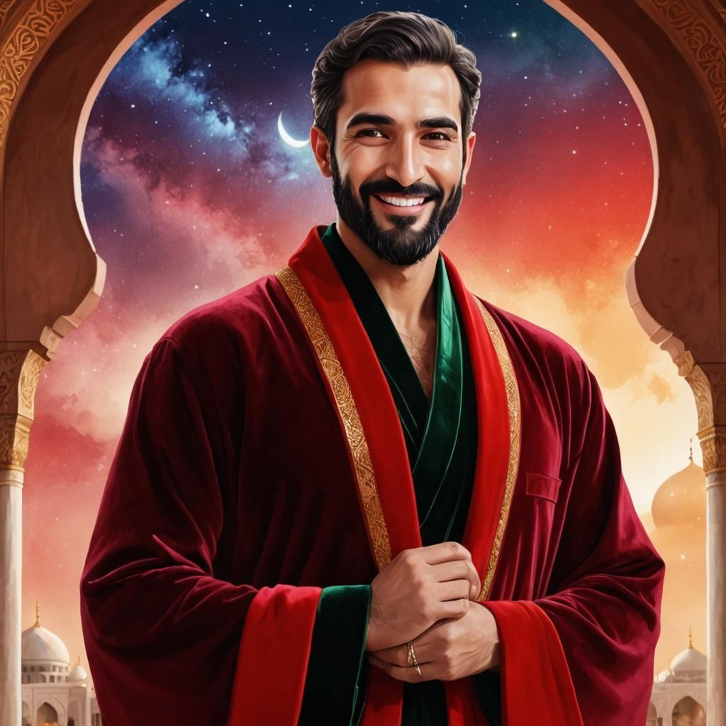 Smiling Arab Man in Red Velvet Robe, Cosmic Background