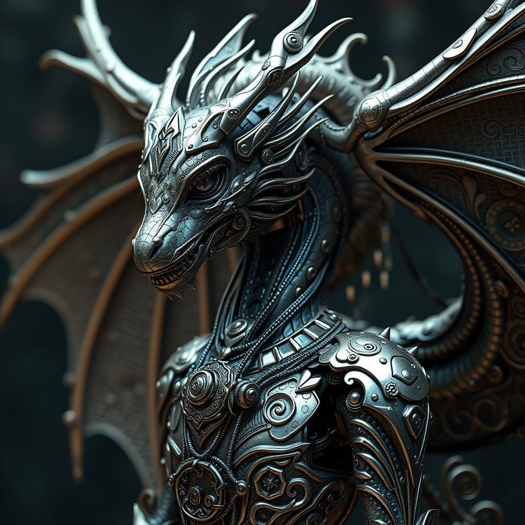 Elegant Cyborg Dragon with Intricate Metal Etchings