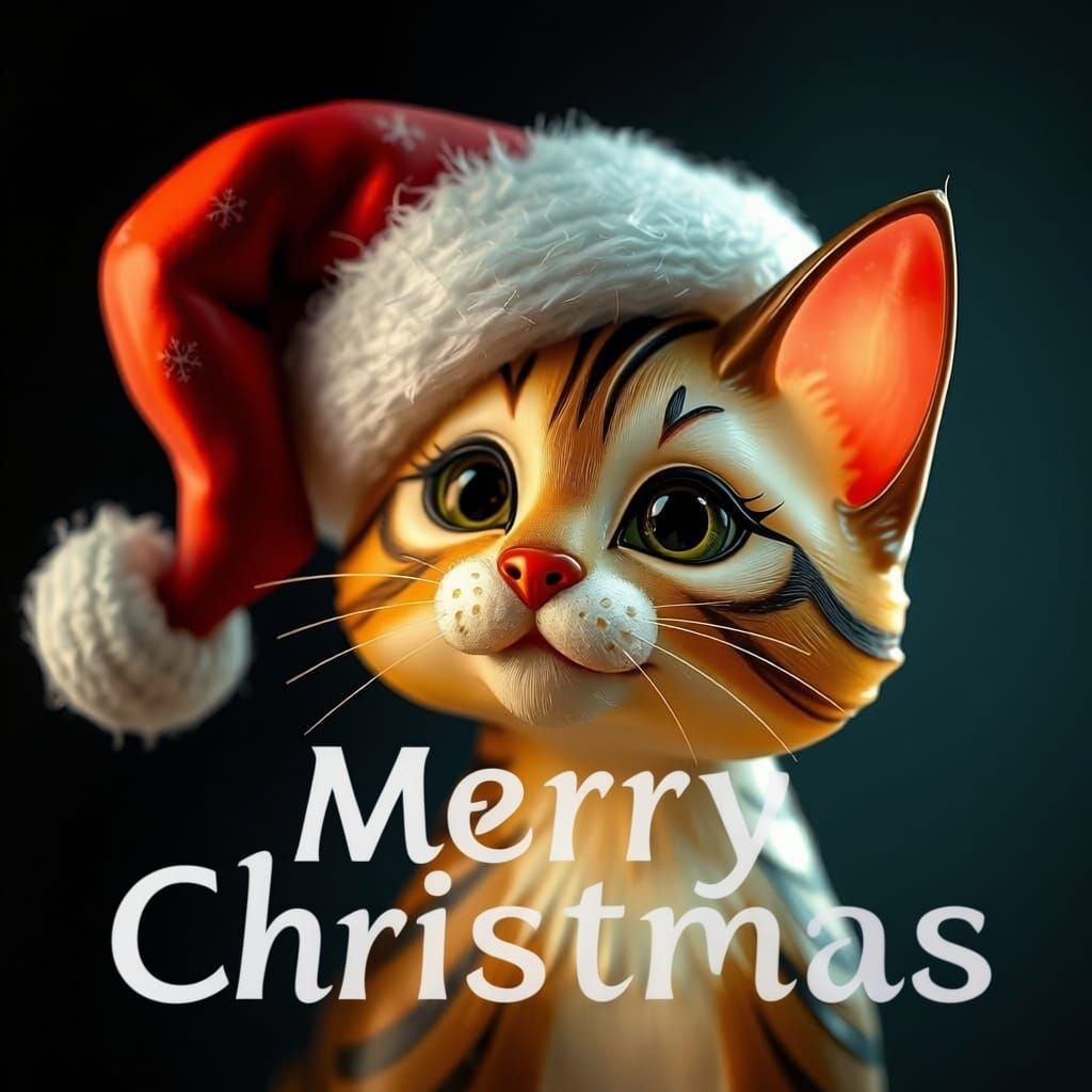 Whimsical Glass Cat in Santa Hat, Finster Style