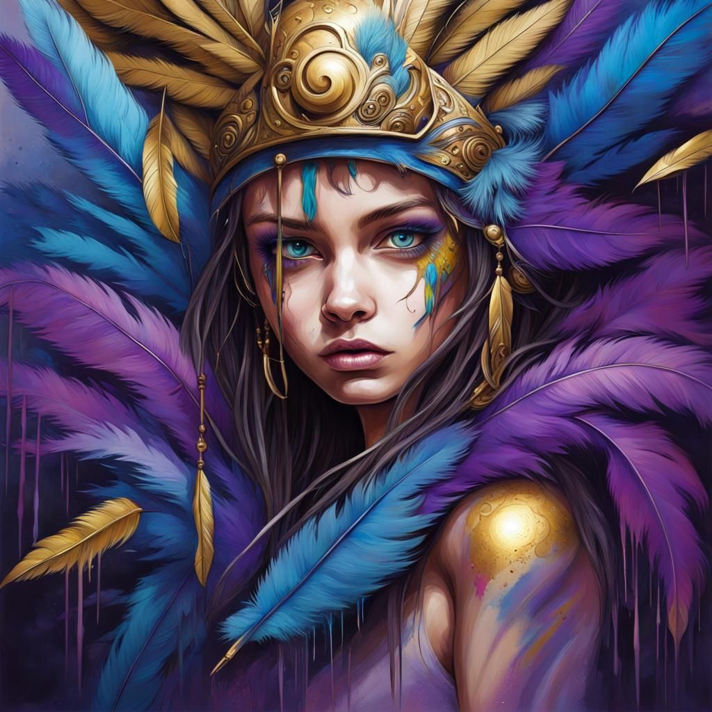 Feathered Girl with Gold Eyes in Graffiti Art