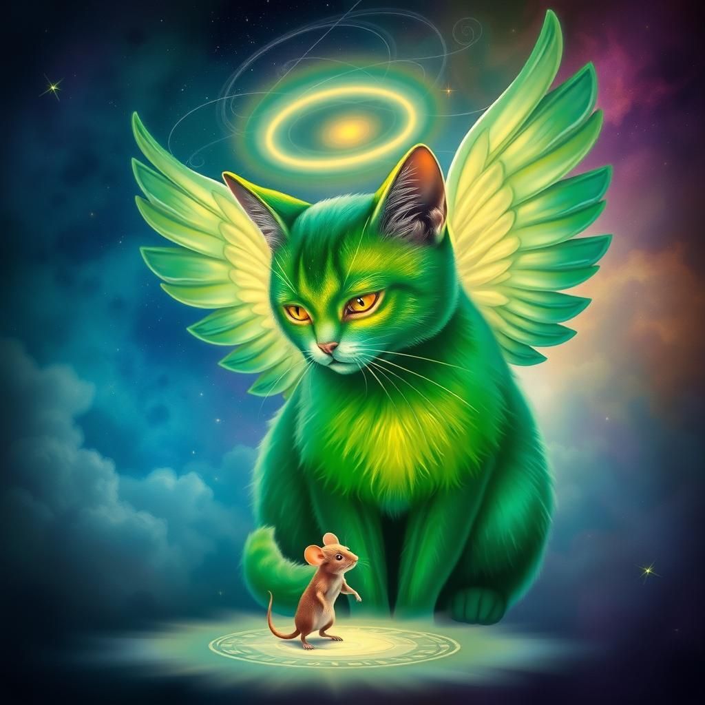Green Angel Cat with Mouse in Dreamlike Illustration