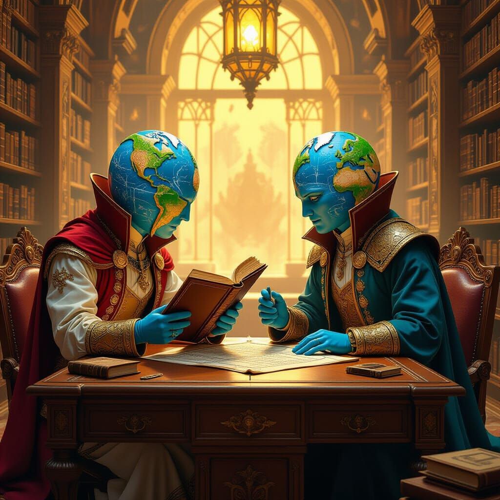Continents Clash in Mystical Library, Vintage Style