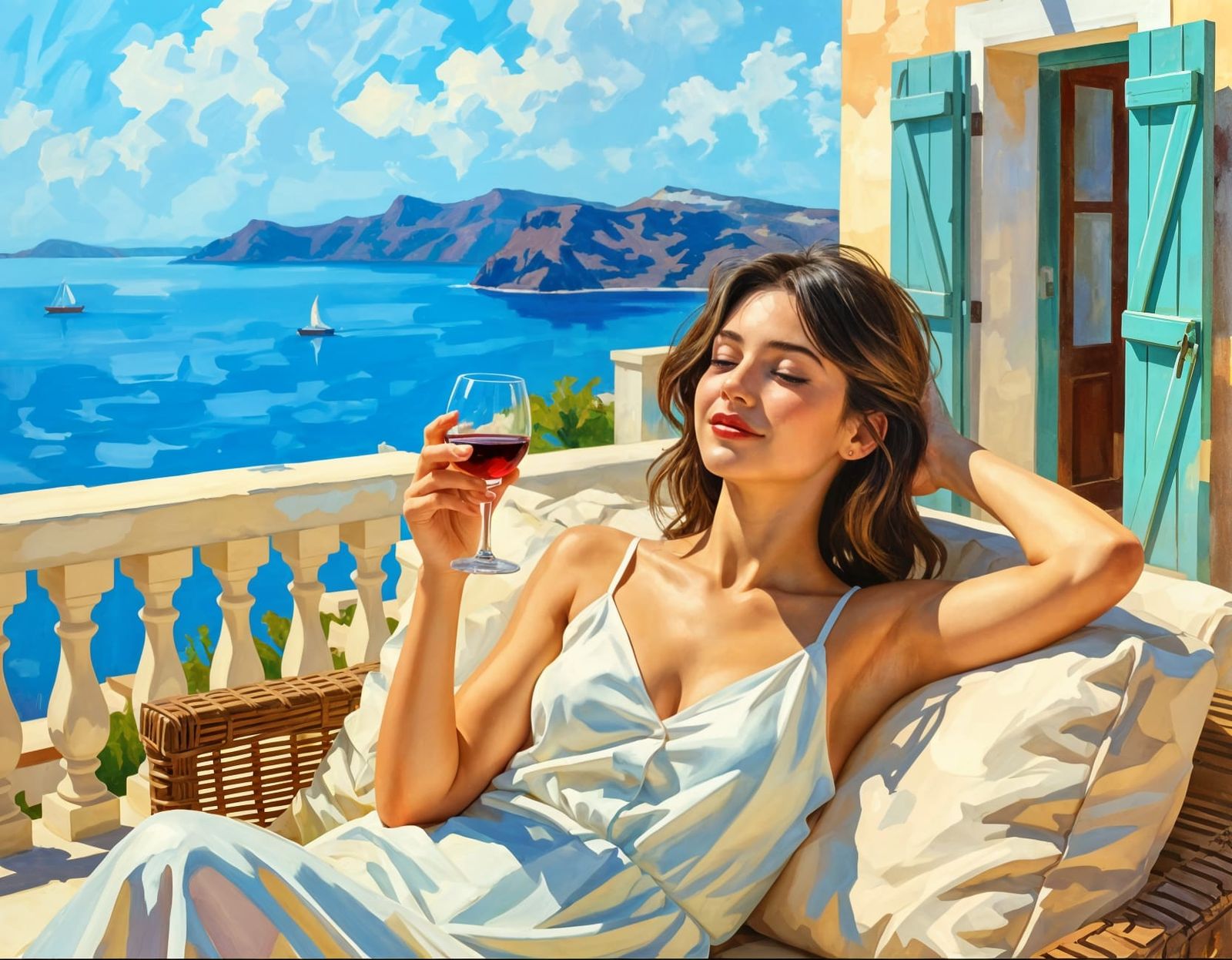 Impressionist Oil Painting of Woman Relaxing with Wine