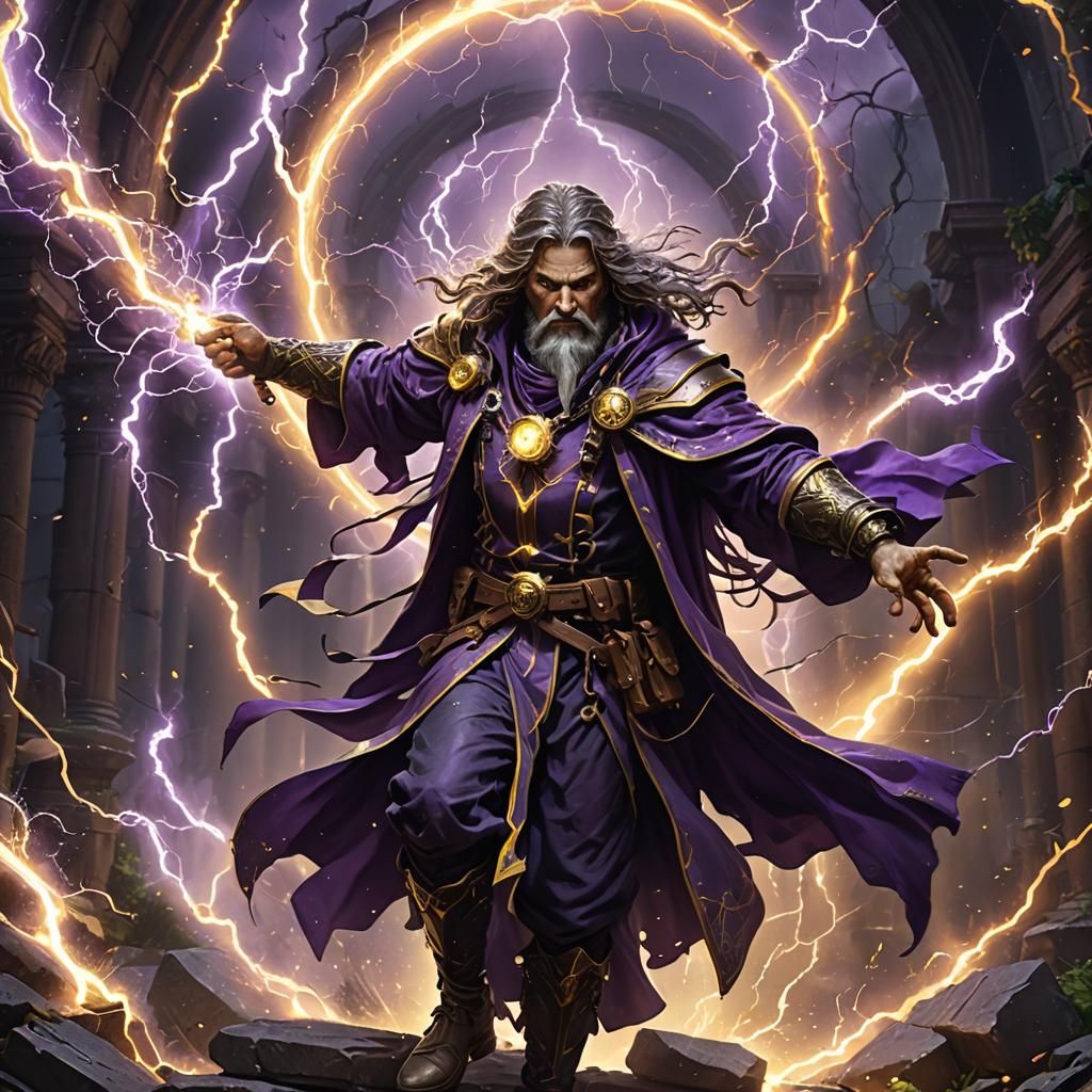 Wizard Harnessing Lightning in Dark Fantasy Art