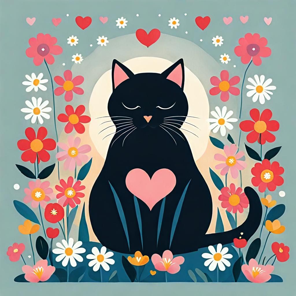 Cute Cat with Flowers Illustration in Staake Style