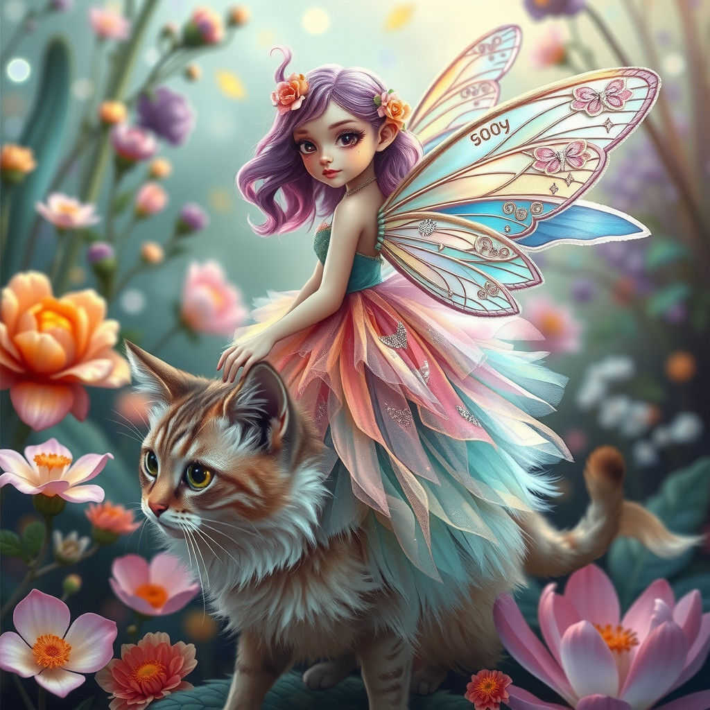 Fairy Riding Cat in Whimsical Wonderland