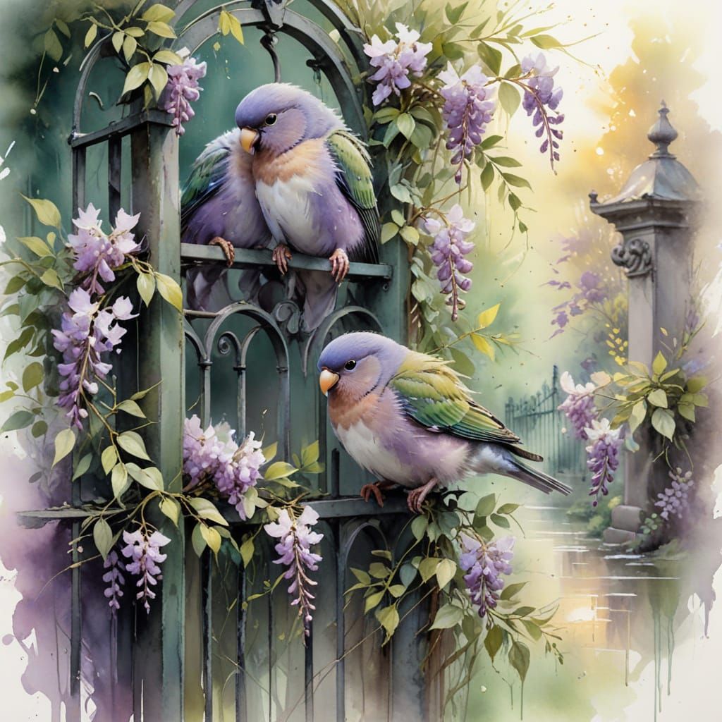 Lovebirds in Wisteria Arbor at Dawn, Impressionistic Style
