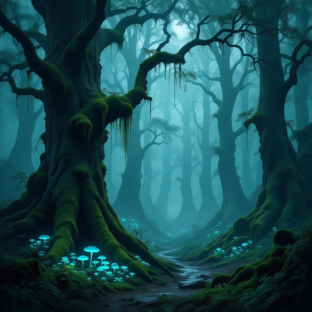 Ethereal Dark Forest in Perpetual Twilight