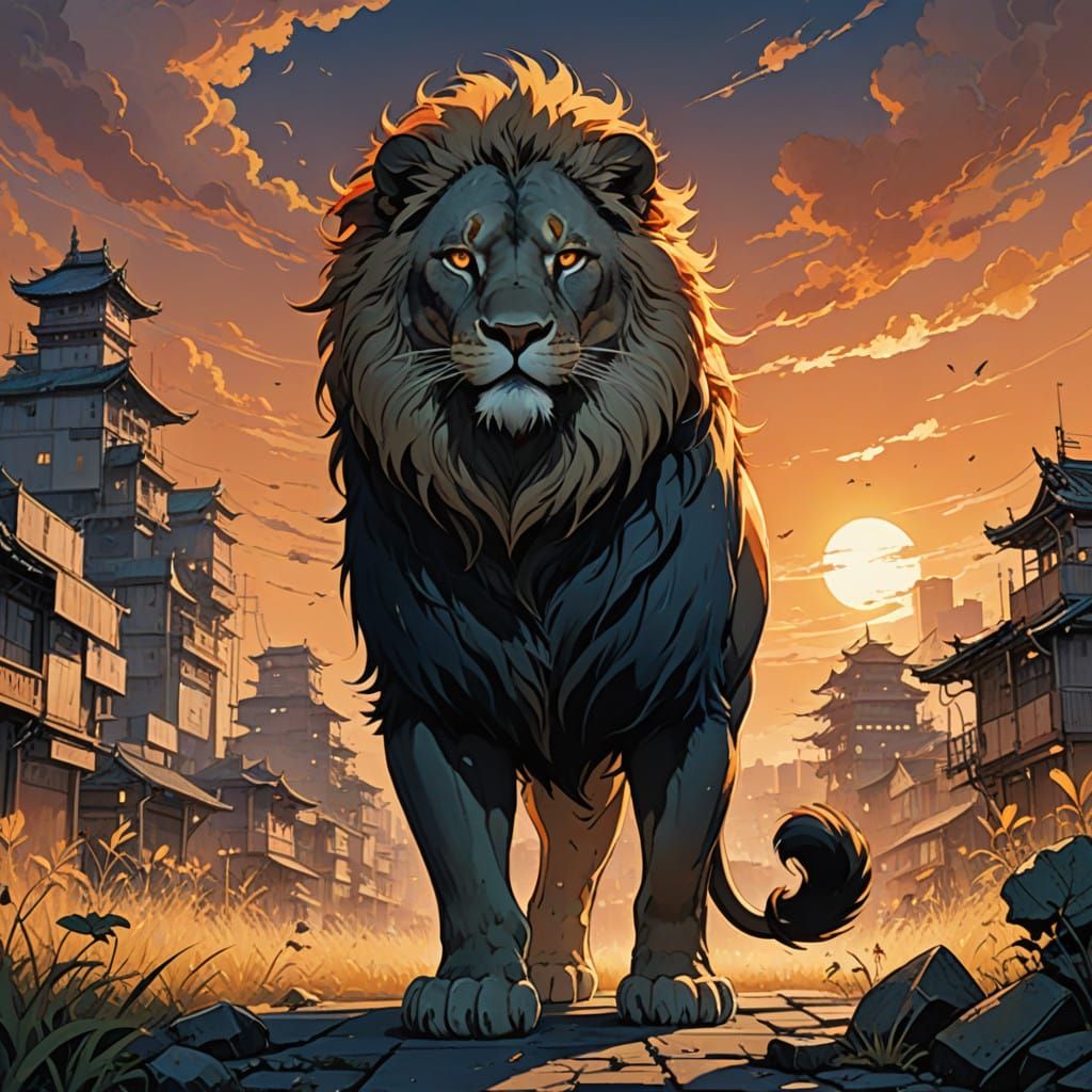 Majestic Cat Transforms into Fearless Lion Amidst Sunset