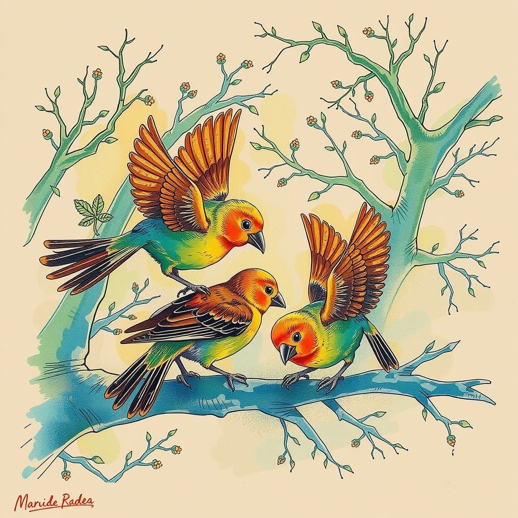 Birds, Hands, and Checkers: A Peaceful Digital Painting