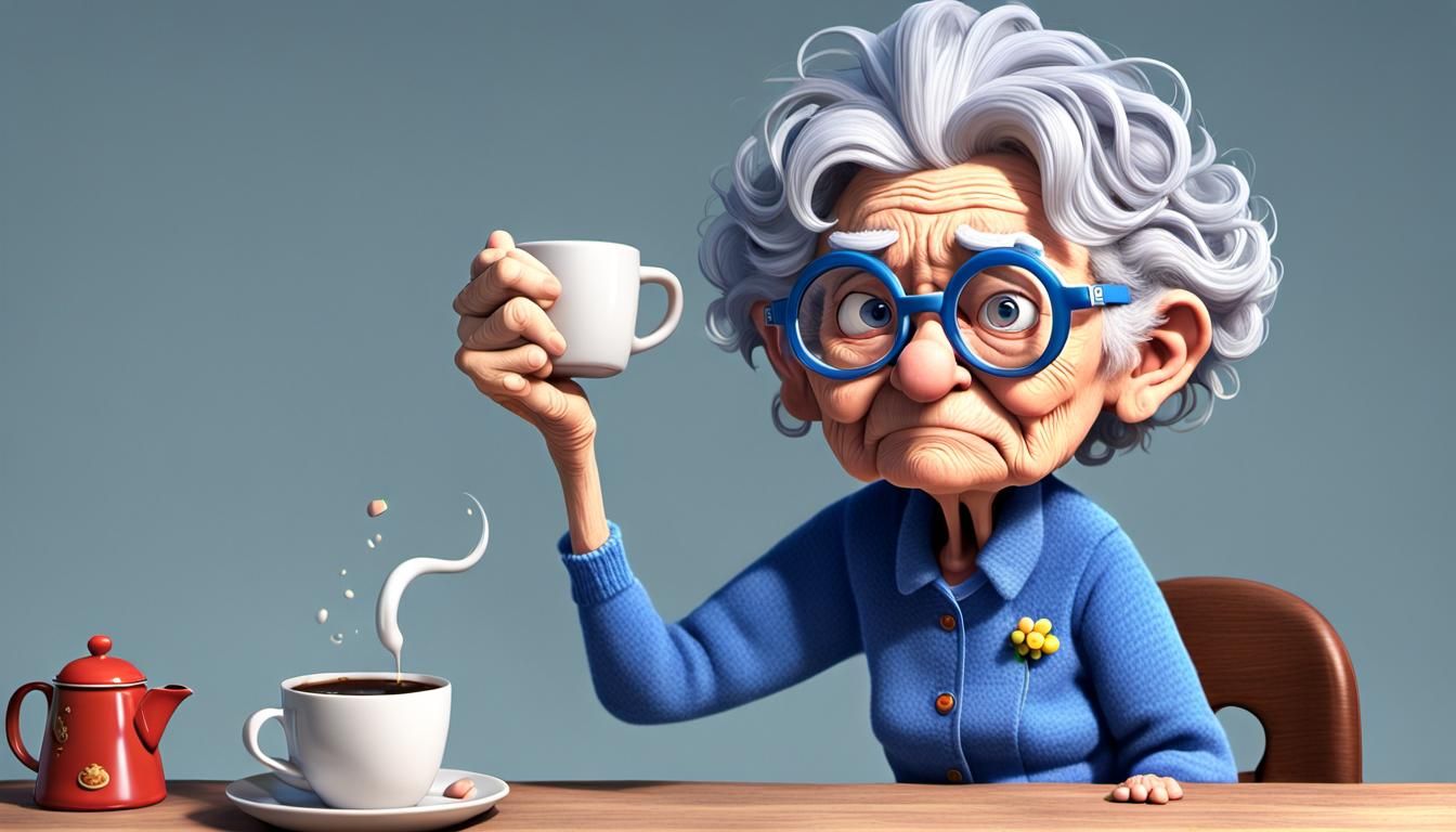 Grumpy Old Lady with Cats in Pixar Cartoon Style