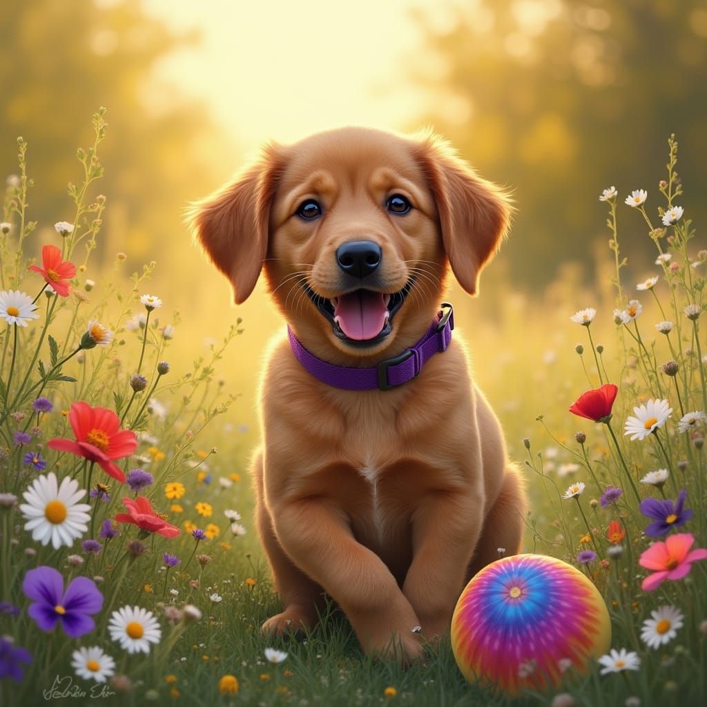 Puppy's Sunrise Playtime in Impressionistic Style