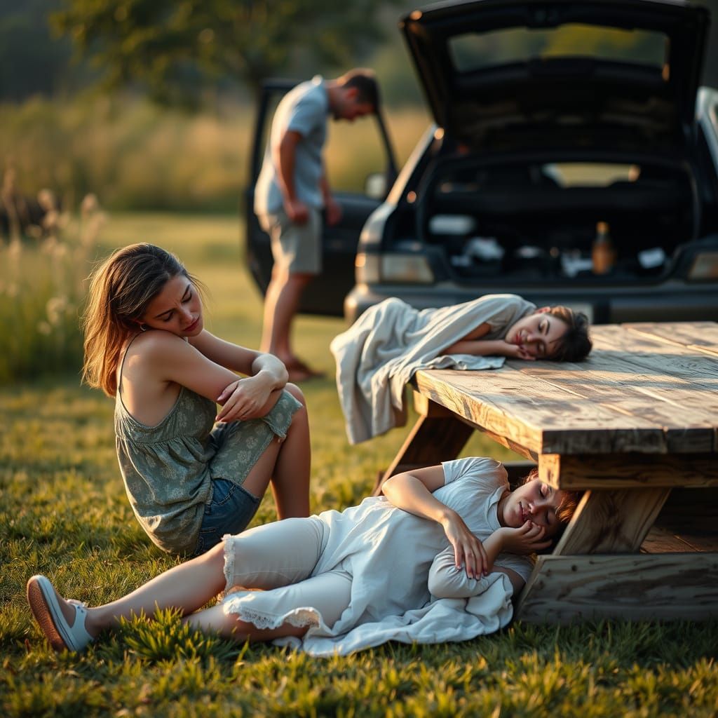 Weary Women and a Man in a Serene Summer Scene