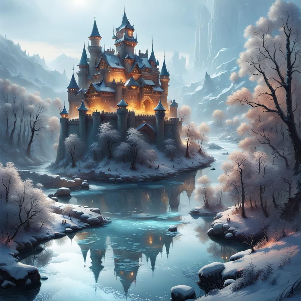 Fantasy Castle by River in Winterscapes Style