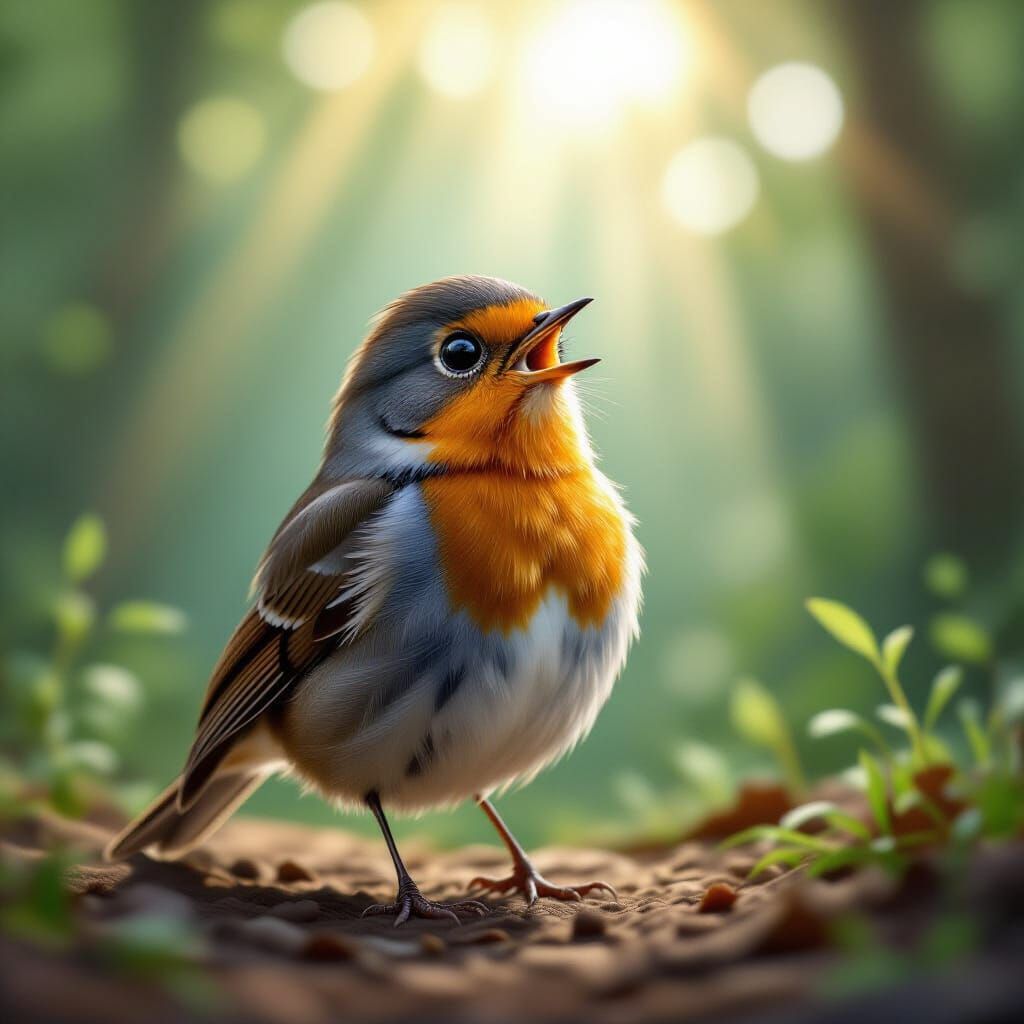 Startled Robin Bird in Ethereal Forest Light