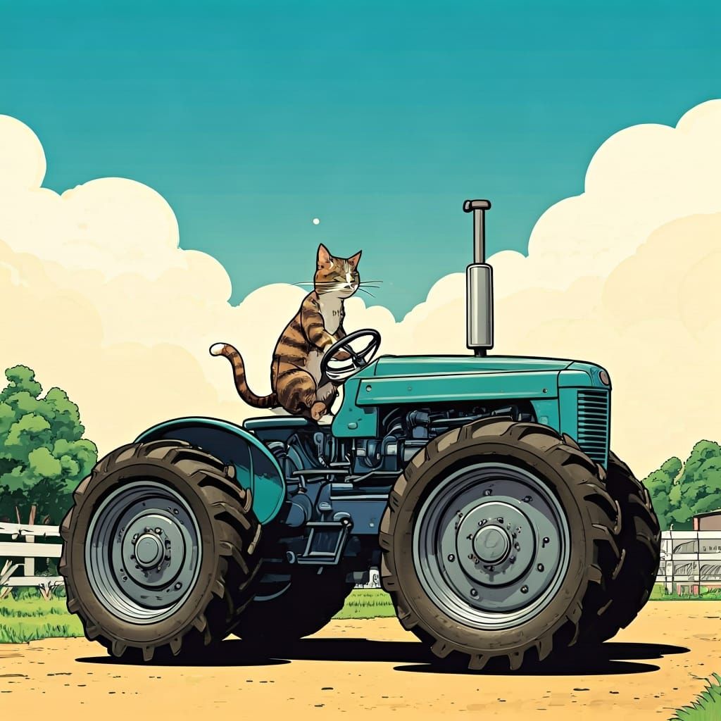 Cat Drives Tractor: Comic Book Style Farm Scene