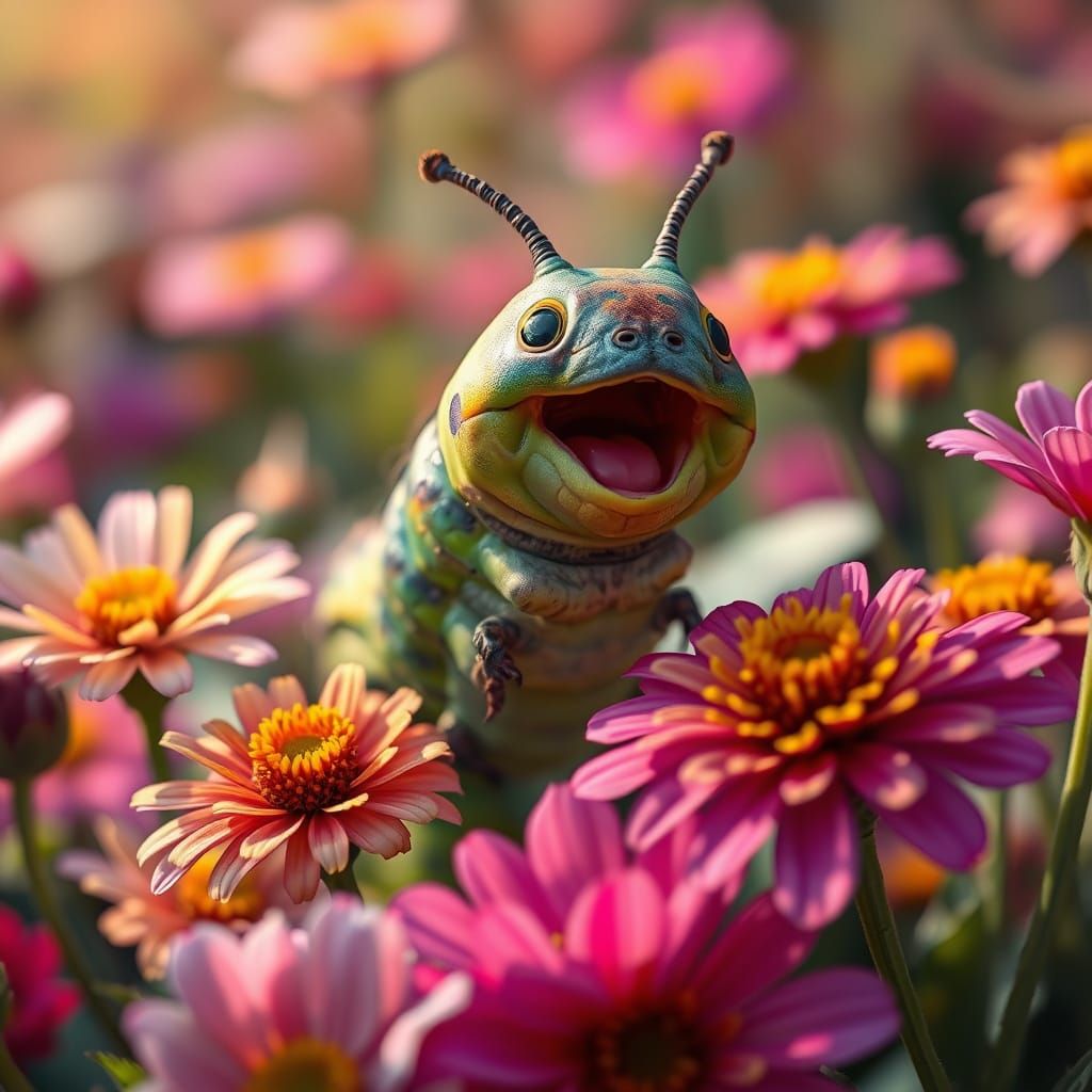 Happy Caterpillar Playing in a Vibrant Garden