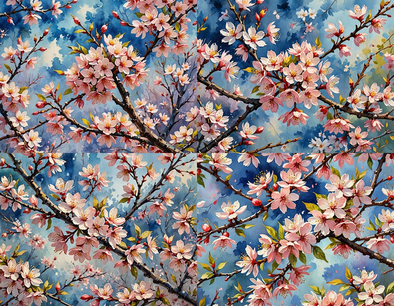 Cherry Blossoms in Gouache and Watercolor Style