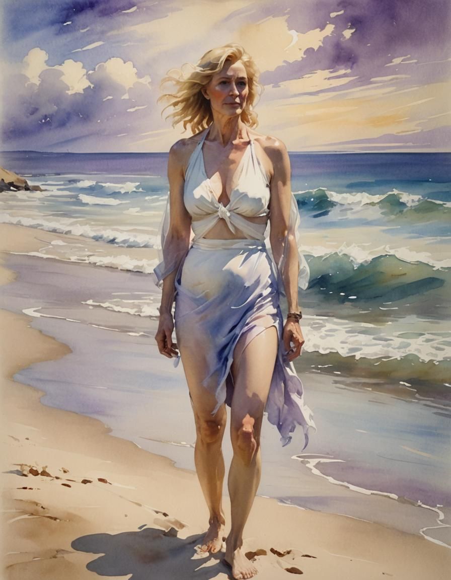 Mature Woman in Ethereal Beach Landscape, Watercolor Paintin...