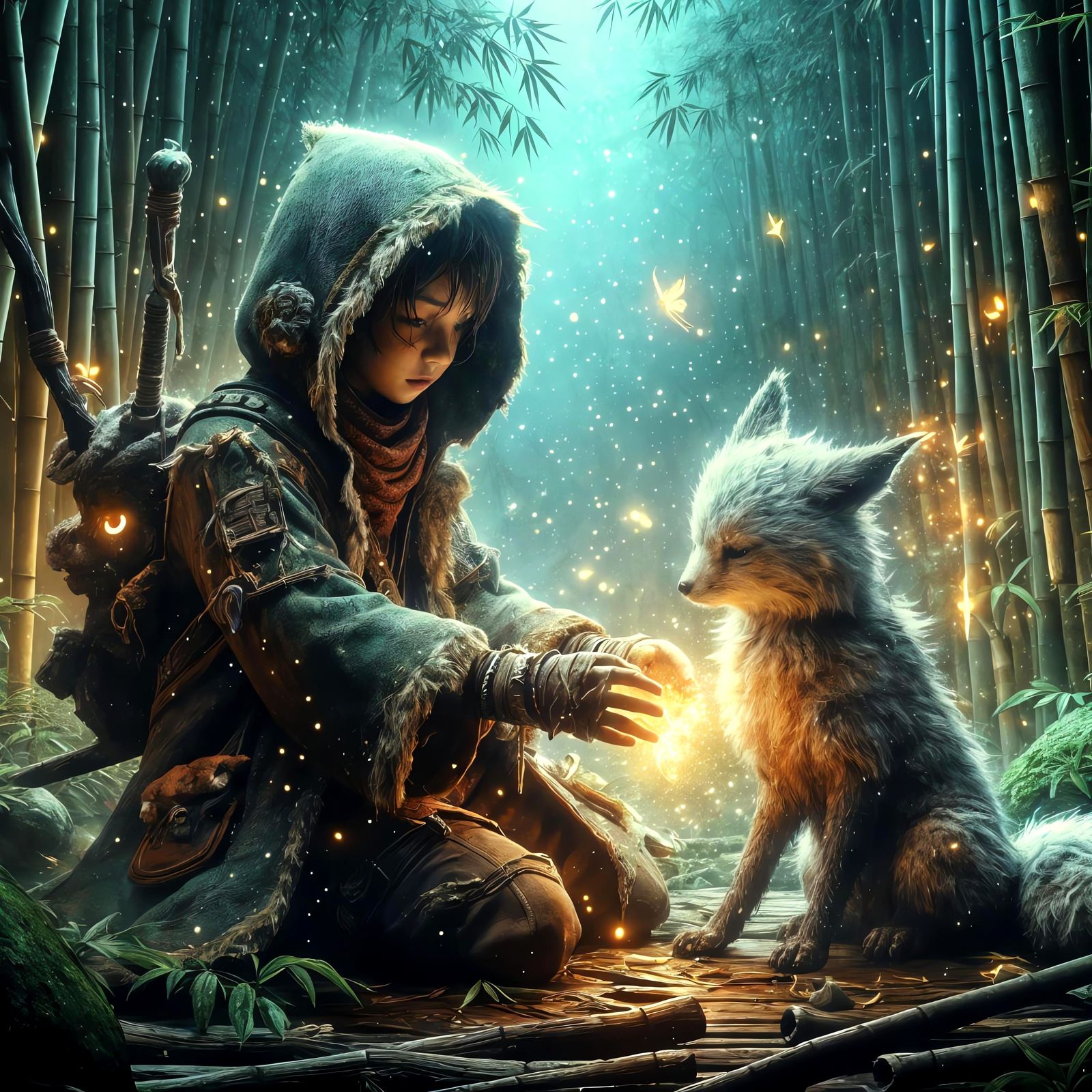 Child Druid Heals Kitsune in Mystical Bamboo Forest