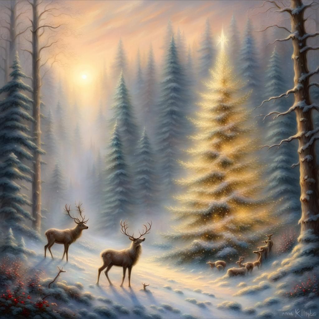 Ethereal Christmas Scene in Woods with Reindeer