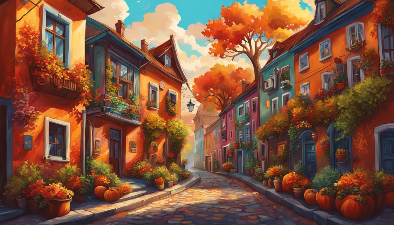 Autumn Village Street with Vibrant Mural Art