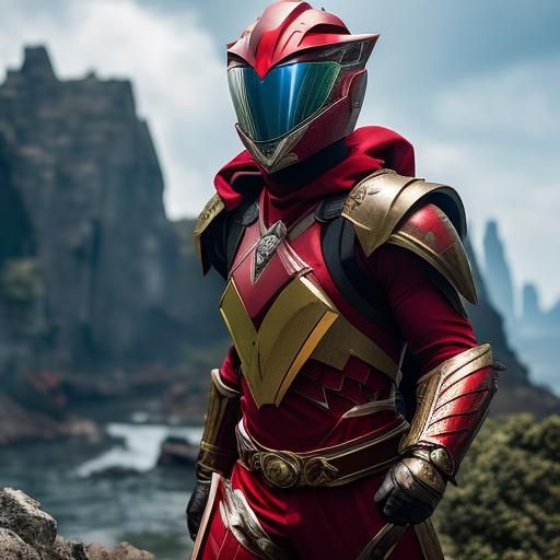 Post-apocalyptic "Power Rangers", Red Ranger alone, battle damaged armor, wearing a torn cape, monkey head-shaped helmet...