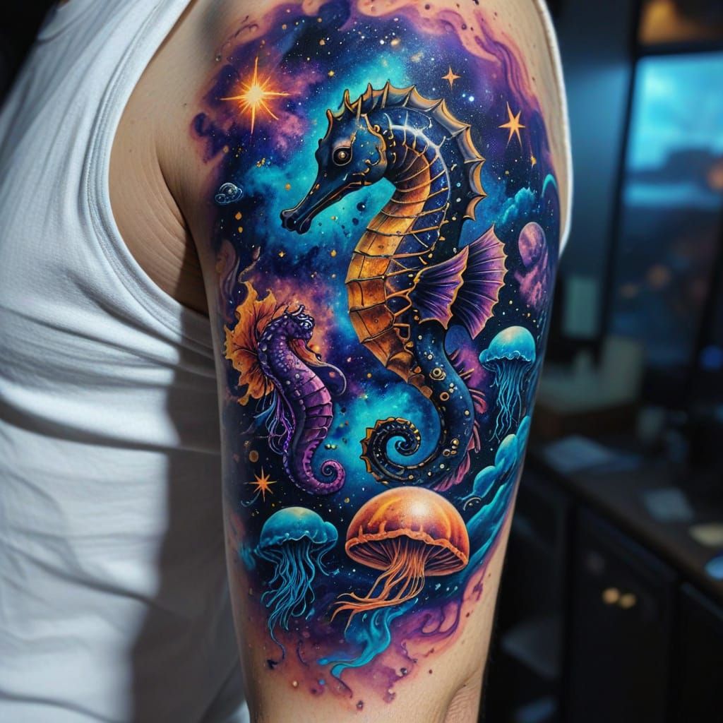 Cosmic Sailor Tattoo Flash with Nebula and Seahorse
